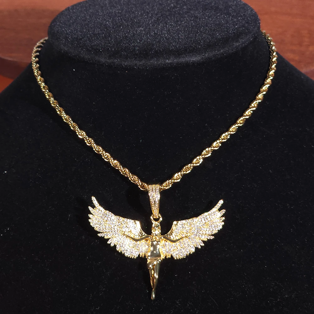 

Angle Wing Cubic Zirconia Pendant Mirco Paved 5A+ CZ Stones Hiphop Charm Necklace Rope Chain Exquisite Chains Gift For Men Women