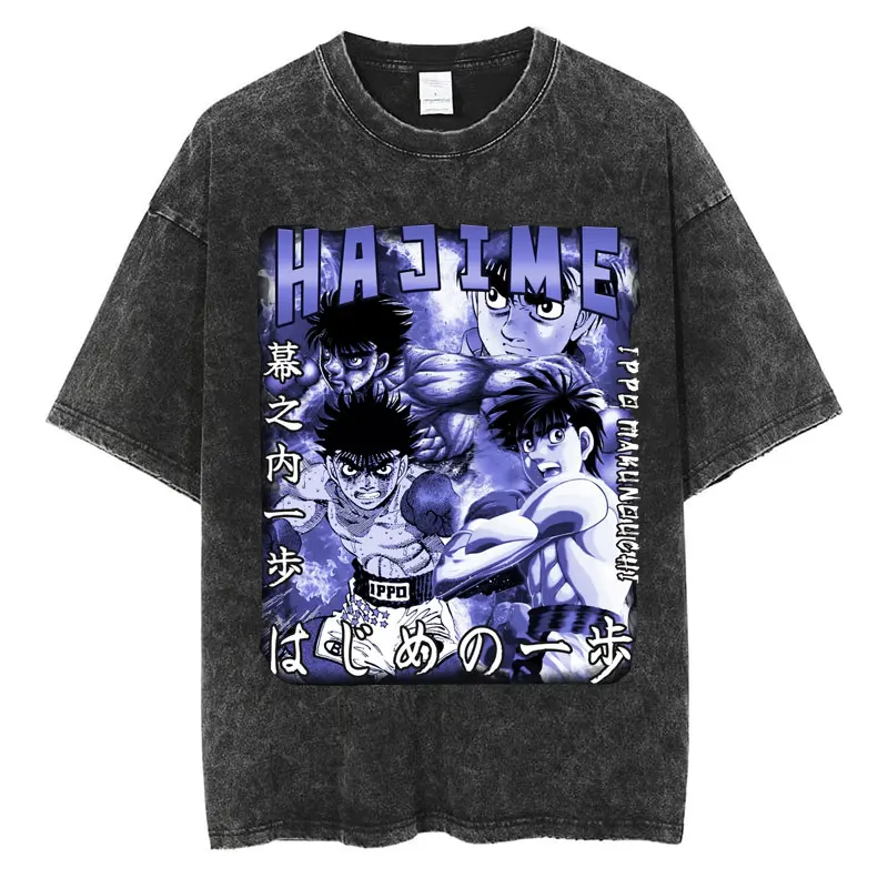 Anime Hajime No Ippo Washed Vintage T-shirt Kamogawa Boxing Gym Harajuku T-shirts Makunouchi Takamura KGB Loose Cotton T Shirt image 2