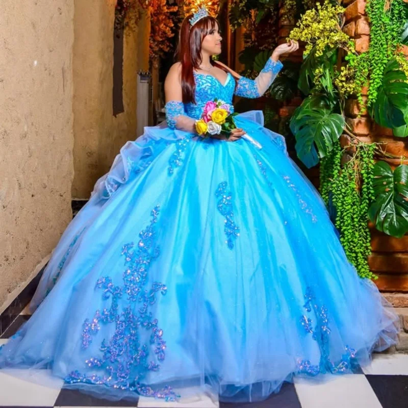 

Shiny Royal Blue Quinceanera Dress off-shoulder Glitter Lace Decal Long tail Bow Vestidos De 15 Quinceanera ﻿Customize