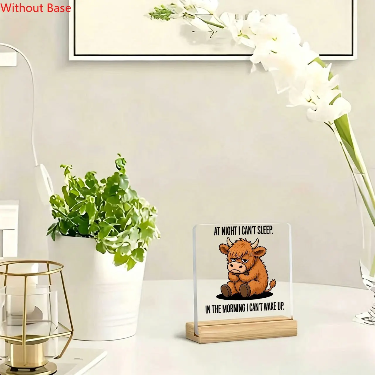 CIFBUY Acrylic Sign 2D Flat Melancholy Sitting Long Hair Cow Pattern Inspirational Quote Wooden Base Paperweight Desktop Plaque