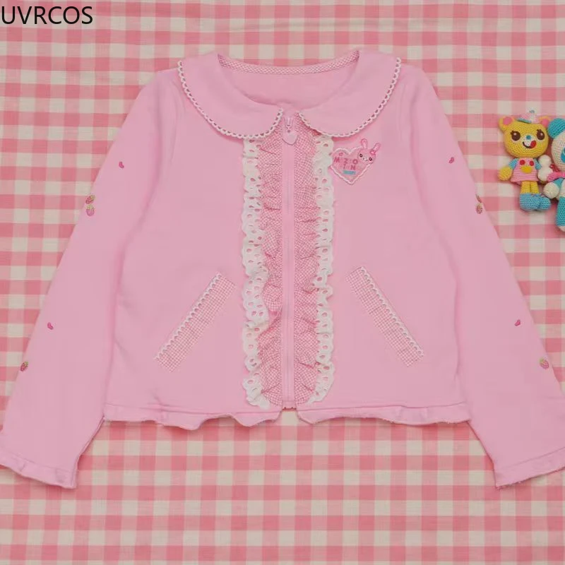 Japanese Kawaii Lolita Style Peter Pan Collar Coats Sweet Cartoon Embroidery Short Jacket Y2k Aesthetic Grunge Pocket Women Tops