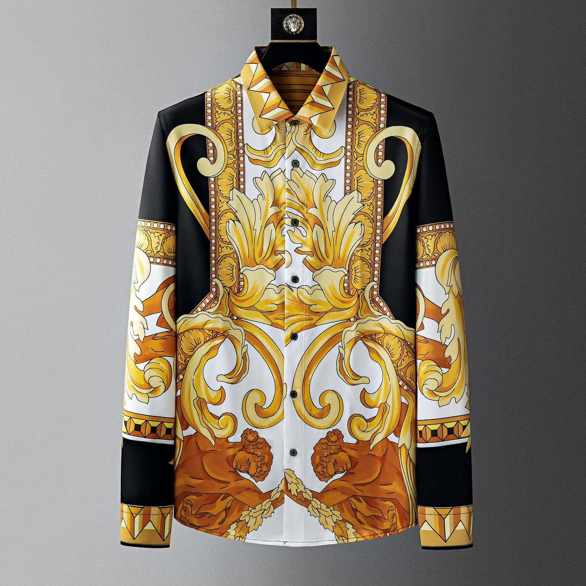 Palace level European court totem long sleeved shirt with black gold contrasting Baroque artistic sense, light luxury shirt