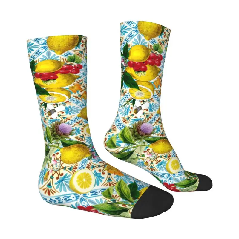 Custom Mediterranean Summer Fruit Sicilian Lemons Tiles Dress Socks for Men Women Warm Fashion Crew Socks