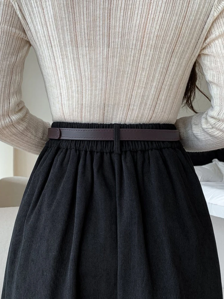 Herbst Winter Vintage Cord Midi Rock Mit Gürtel Elegante Mode Lässig Große Schaukel A-Line Lange Röcke Dame