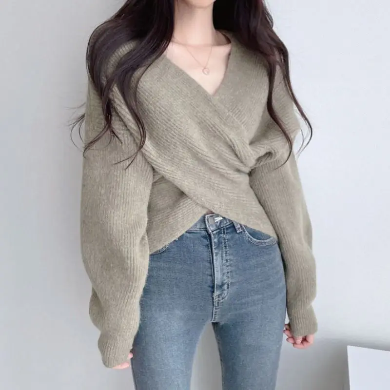 Fashion Cross Knitting Pullover for Women Spring Autumn Winter Korean Chic Solid Color Long Sleeve Sweater 2024 New Knit Tops