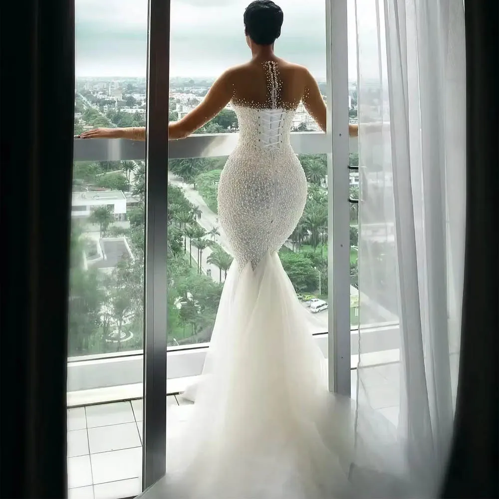 Vestido de novia personalizado de sirena con cuentas exquisitas de Bella para mujer, vestidos de novia de manga larga de malla transparente, vestido de novia africano