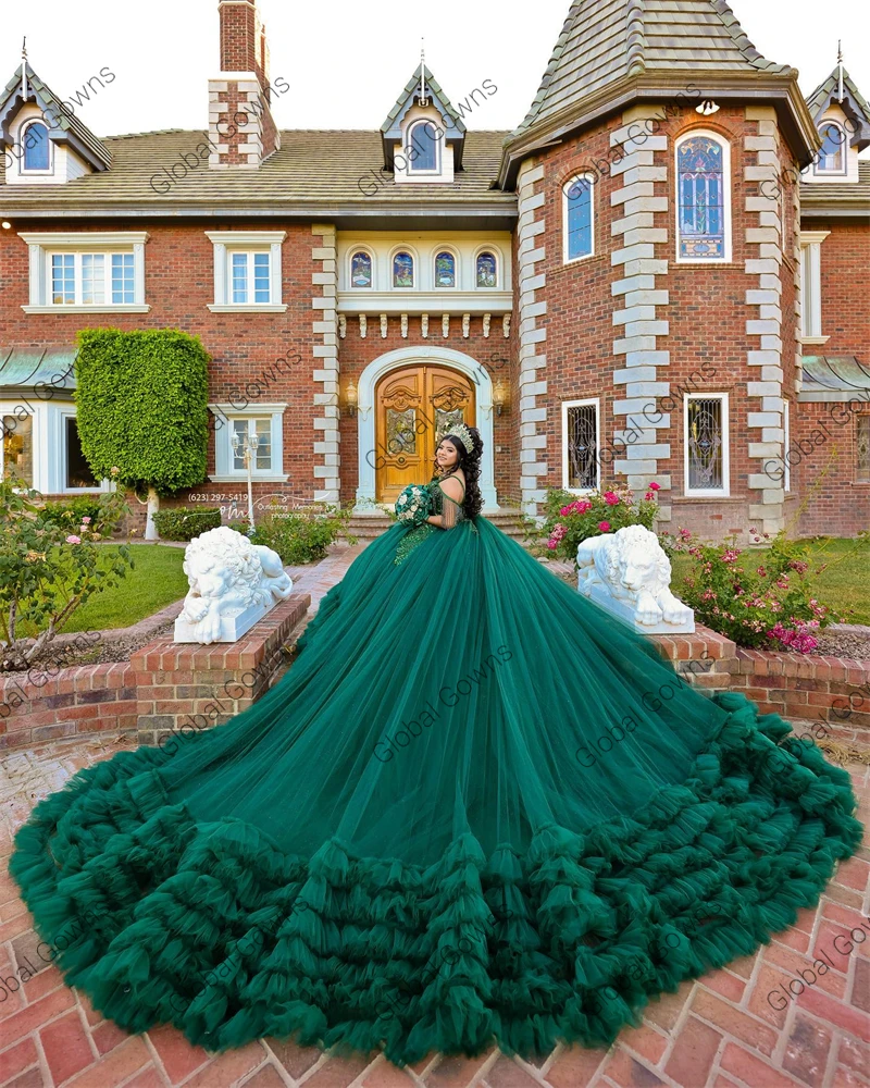 Vestido de baile de quinceañera con apliques verdes esmeralda de México, vestidos escalonados con volantes, vestidos de fiesta de cumpleaños, dulces 16, hombros descubiertos