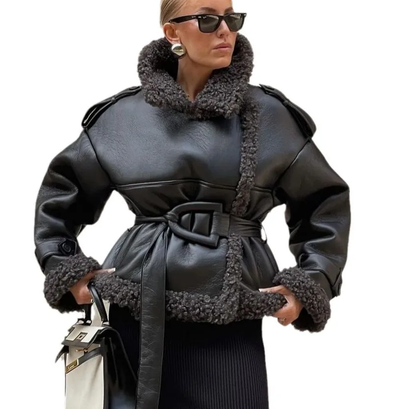 كم طويل مع حزام معطف الفرو النمط الأوروبي أزياء المرأة الجديدة تنوعا مزاجه طية صدر السترة بسيطة #6