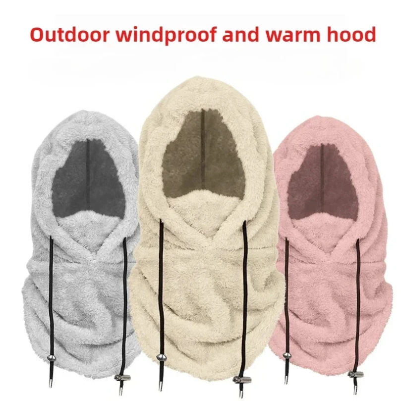 Unisex Warm Ski Hooded Scarf Thermal Sherpa Fleece Hood Ski Mask Winter Balaclava Windproof Adjustable Warm Hood Cover Hat Scarf