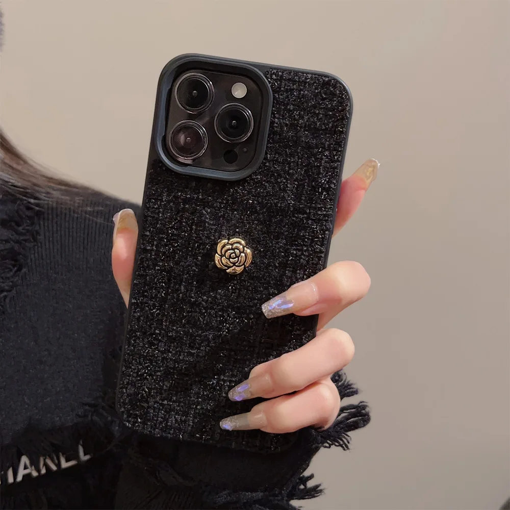 Luxury 3D Golden Camellia Flowers Phone Case For iPhone 17 Air 16 15 14 13 12 11 Pro Max Woolen Tweed Fabric Shockproof Cover - view 5