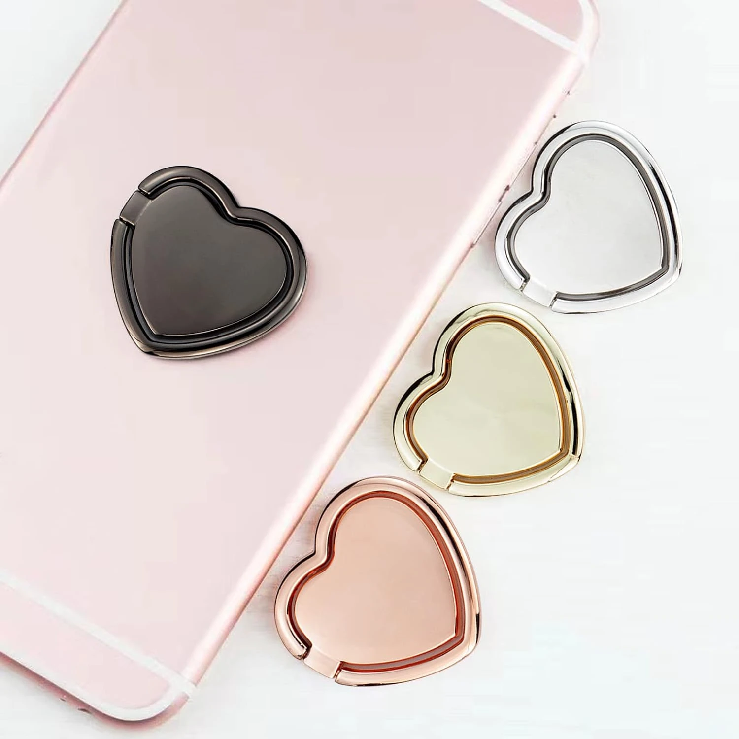 2 confezioni di supporto per anello per cellulare a forma di cuore con finitura lucida, cavalletto per anello per dito con telefono in metallo lucido (nero