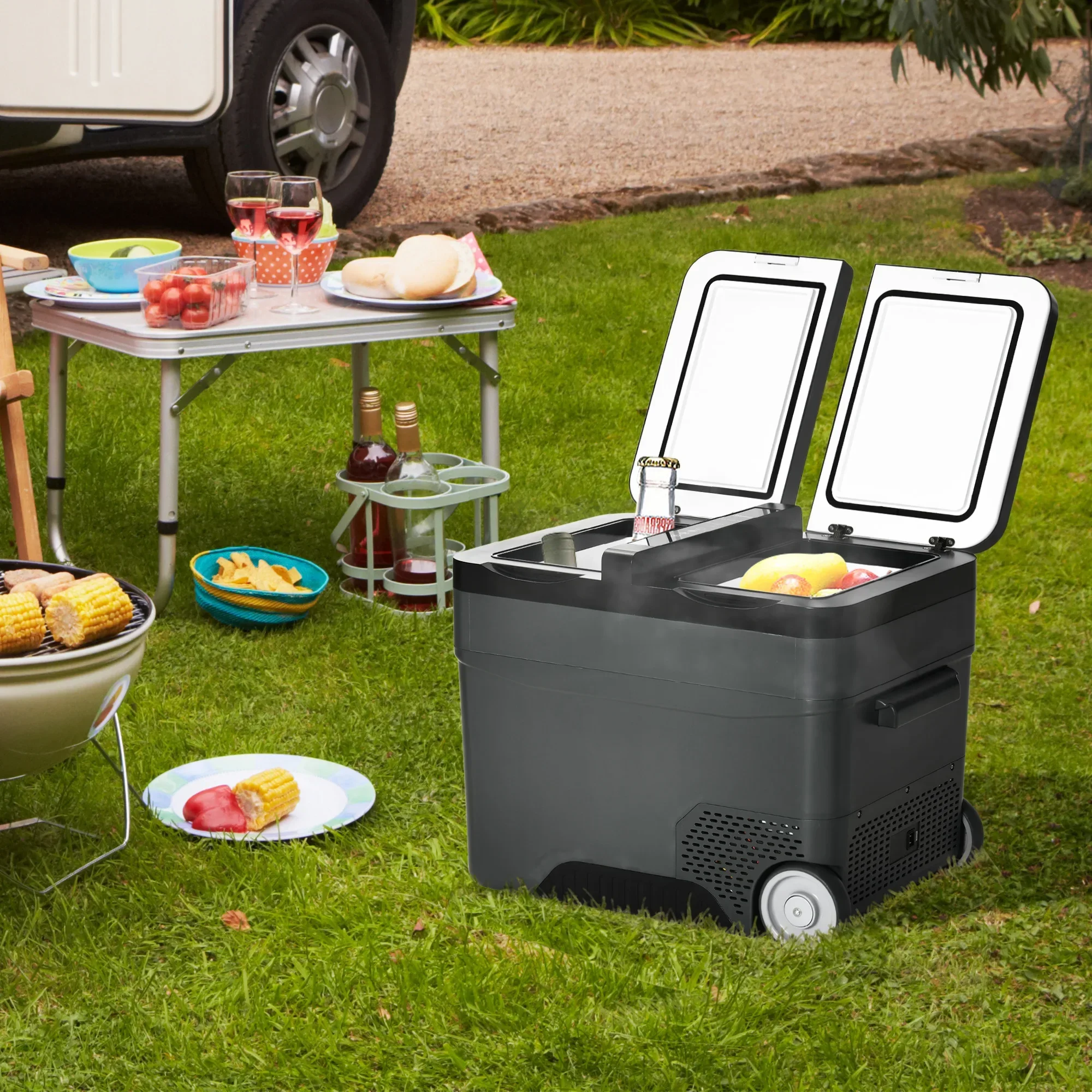 45L 12 Volt Electric Portable Refrigerator with Handle and LCD, 63.2x42x50.8 cm, Grey