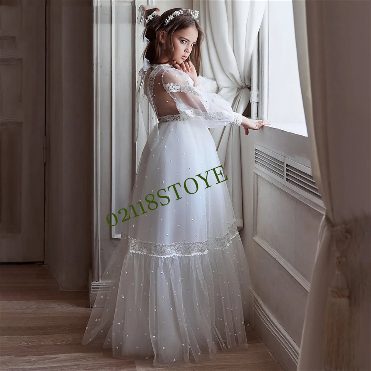 

Ivory Flower Girl Dresses O-Neck Baby Girl Dress Lace Puffy Dresses For Girl Kids Birthday Party Gown First Communion