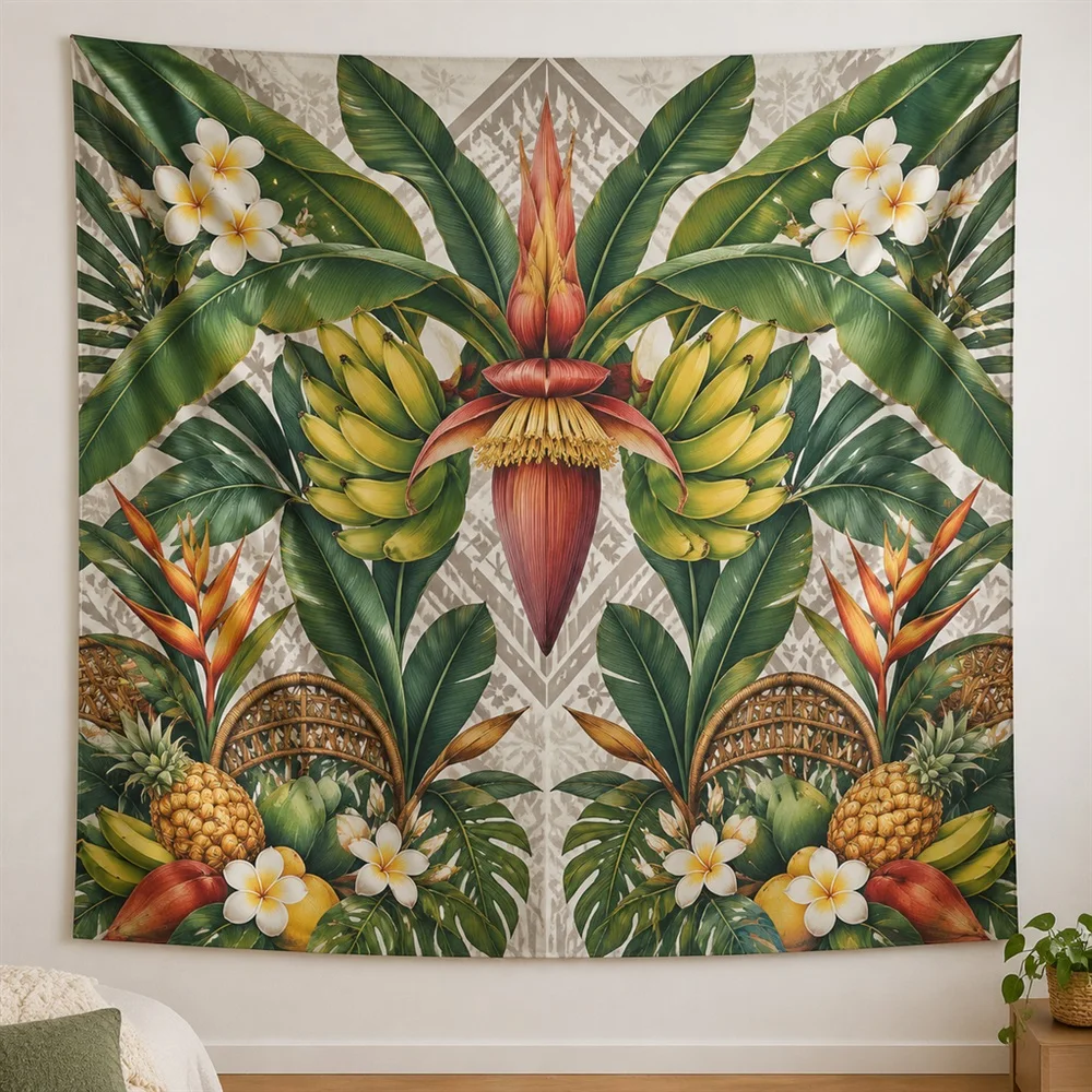 VIKAMA Tropical Flowers Fruit Mirror Symmetric Tapestry Wall Hanging, Tropical Wall Decor Tapestries for Living Room Bedroom