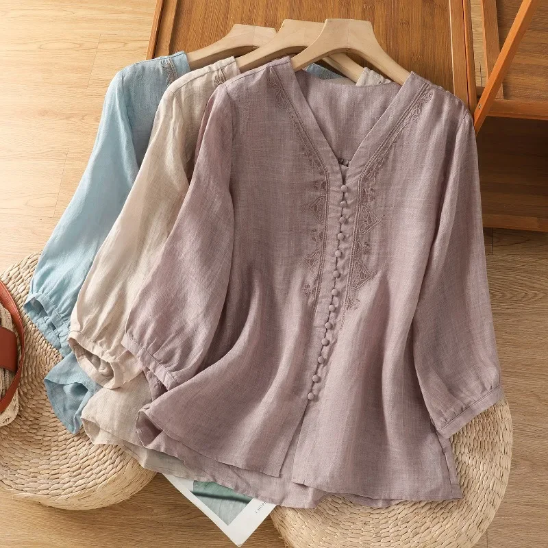 

Chinese Style Women's Blouse Embroidery Vintage Shirts Fashion Loose Summer Clothing Short Sleeve Cotton Linen Women Tops