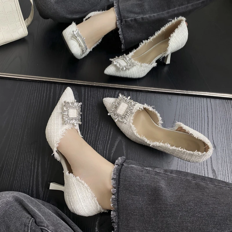 Luxury Rhinestone Square Buckle Pumps Women Brand Design Pointed Toe Tweed Fabric High Heel Sandals Ladies Elegant Party Shoes