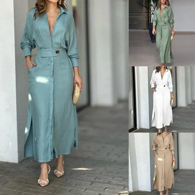 

Women Dress 2025 Autumn New Fashion Elegant Long Sleeve Leisure Time Solid Color V Neck Sexy Ladies Shirt Dresses vestido mujer