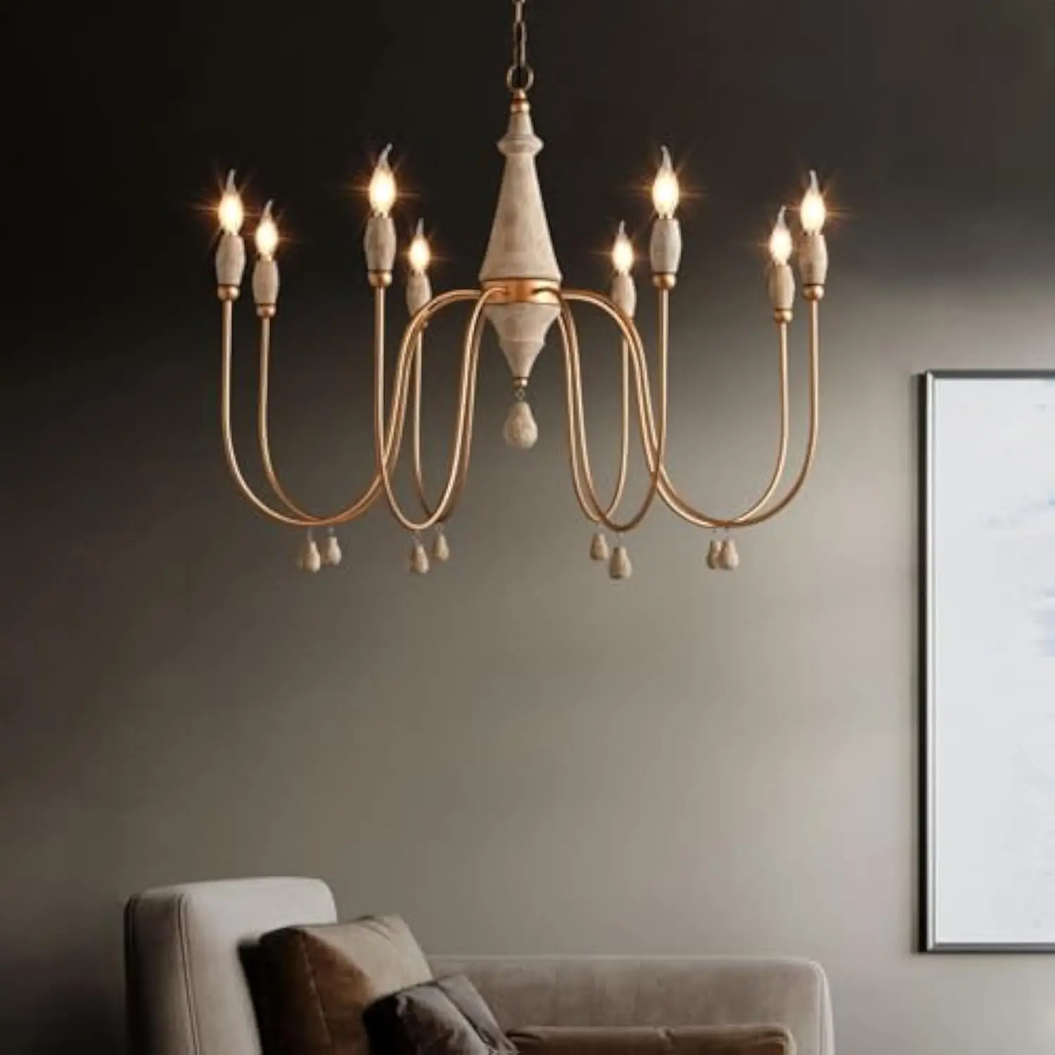 

38.2 French Country Chandelier, Modern Farmhouse 8-Light Candle-Style Chandeliers Wood Pendant Light Fixture for Dining Room L