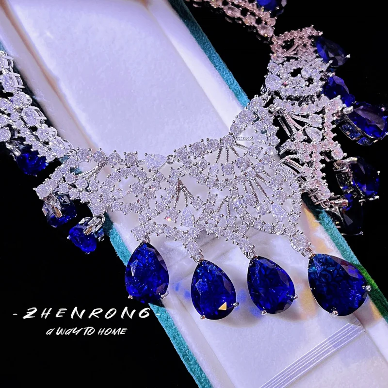Newly Designed Full-Cut Drop Royal Blue Necklace Bridal Set