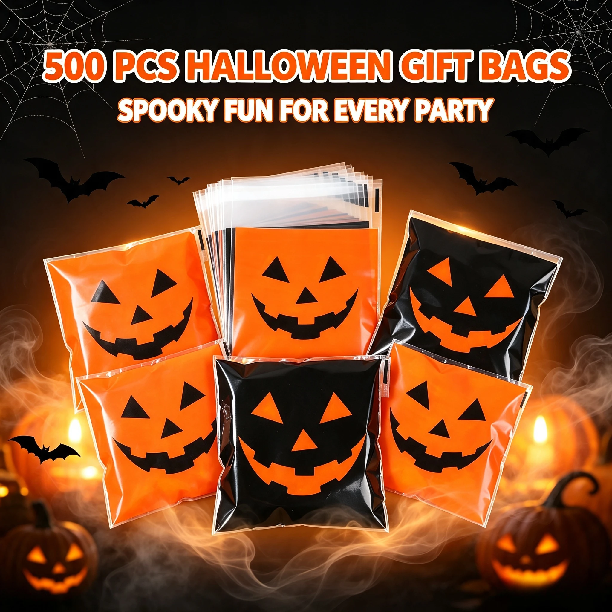 500 Stück Deluxe Halloween-Ziplock-Beutel in Schwarz und Orange mit bösen Kürbismotiven, Aufbewahrungsbeutel für Süßigkeiten und Backwaren, Feiertagsdekoration und Geschenke – Detail 1