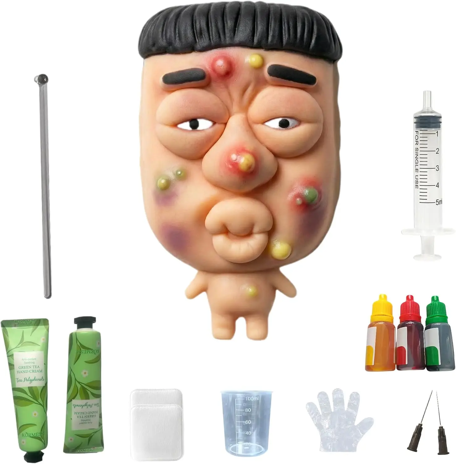Professional Pimple Popping Fidget Toy(Bowl Cut Man), 12-Piece DIY Desk Pimple Popper Kit with Customizable Pimple Colors (Instruction Manual Included), Reusable ASMR Squishy Gadget for Office Focus