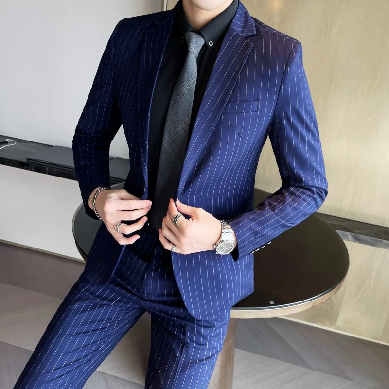 2024 Men\'s Spring and Autumn Striped Suit (suit + Trousers) Fashion Banquet All-in-one Casual Business Suit Two-piece Set  M-5XL