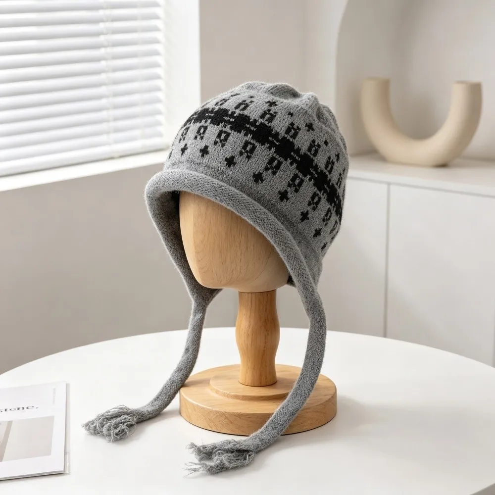 New Windproof Knit Hat Warm Knit Ear Coverage Tassel Beanie Vintage Pattern Stretch Fit Knit Cap Gift