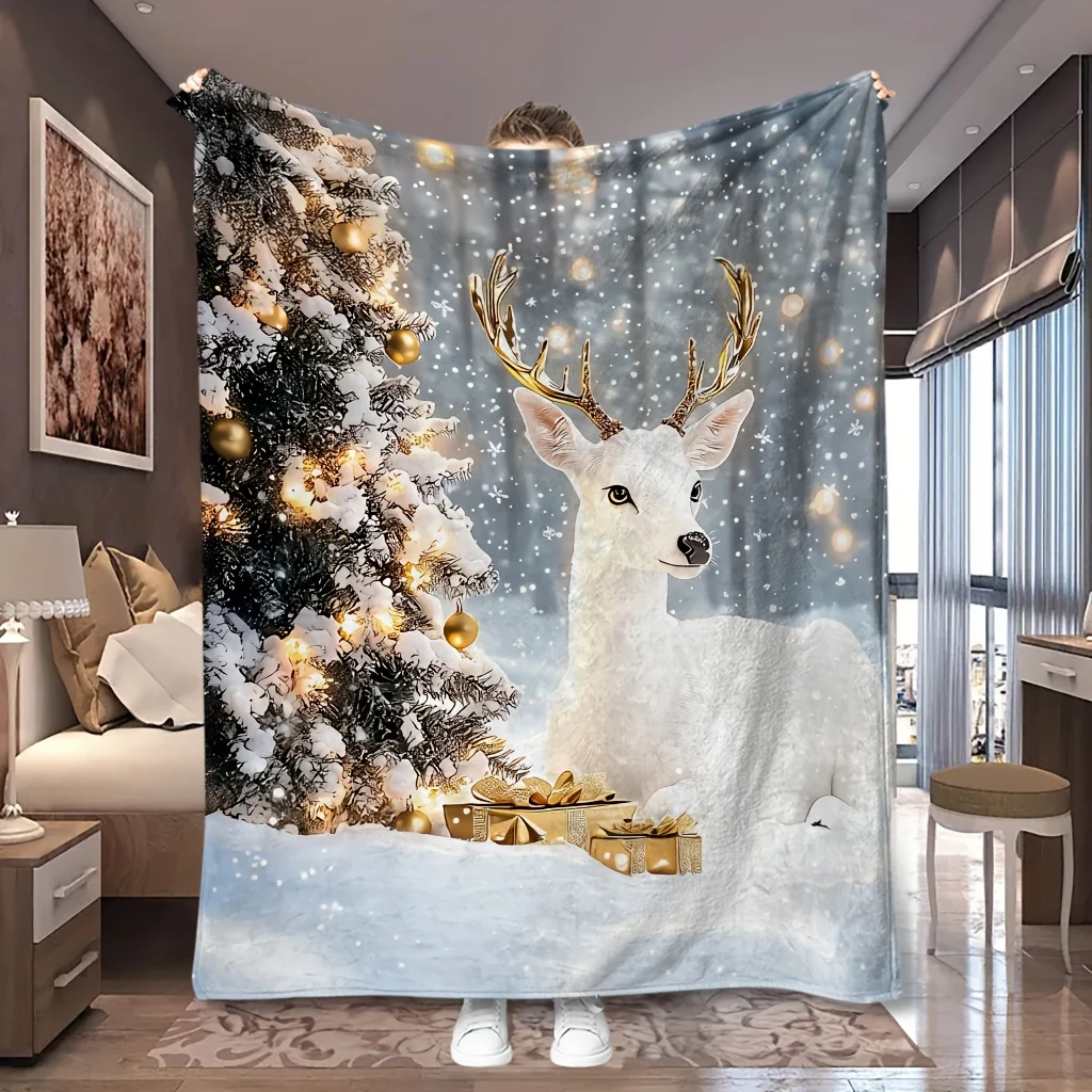 1pc Snowy Forest White Stag Christmas Print Flannel Blanket, Comfortable and All-season Usable, Suitable for Blankets, Kid Bed C