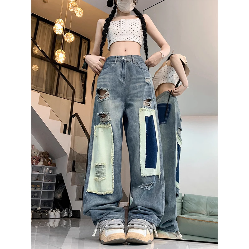 

Women New Blue Ripped Jeans Y2k Vintage Oversize Cowboy Pants Harajuku High Waist Denim Trousers Aesthetic 2000s Trashy Clothe