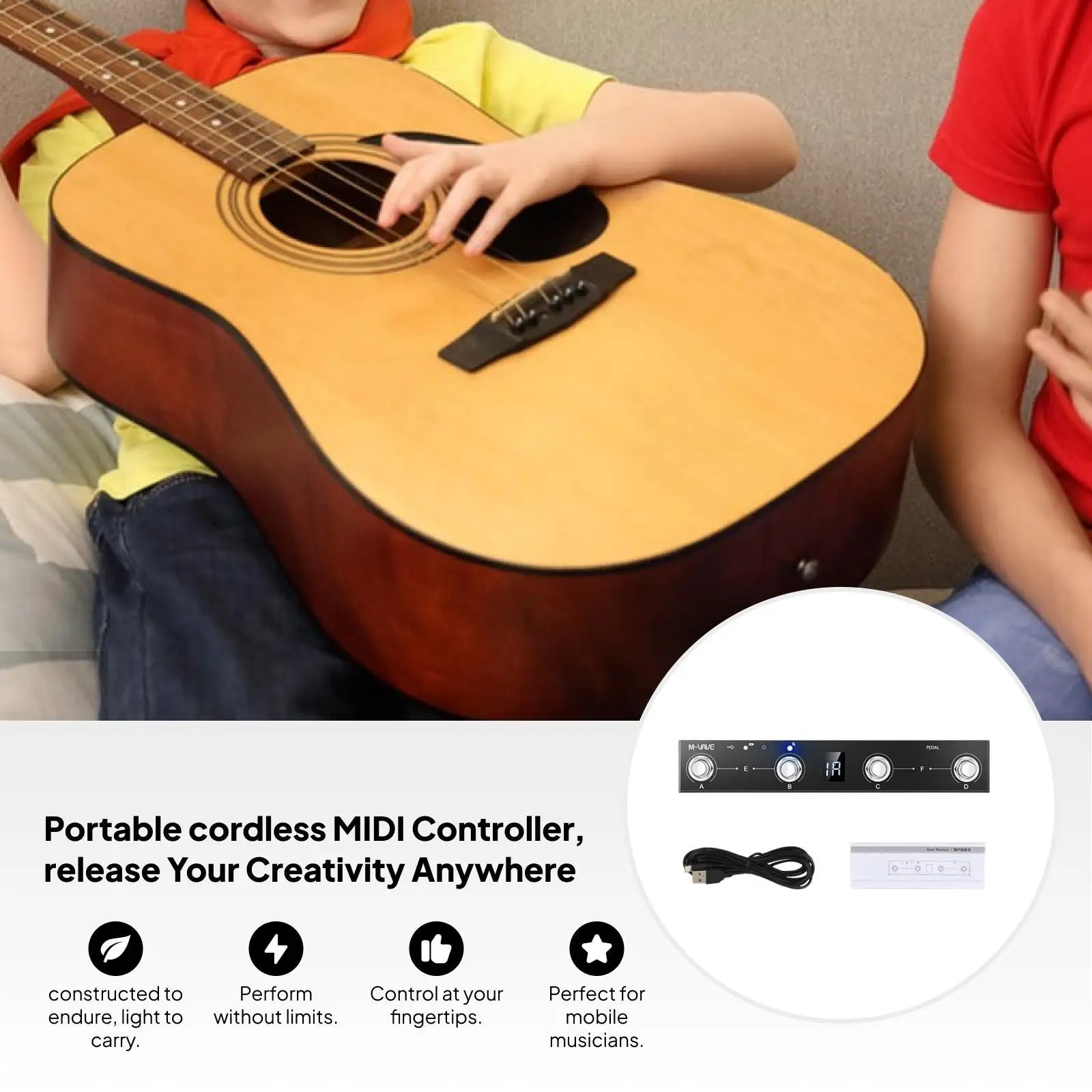 Portable MIDI Foot Controller 4 Button Bluetooth USB Multi Effects Pedal Wireless Page Turner for Android Ios PC Guitar
