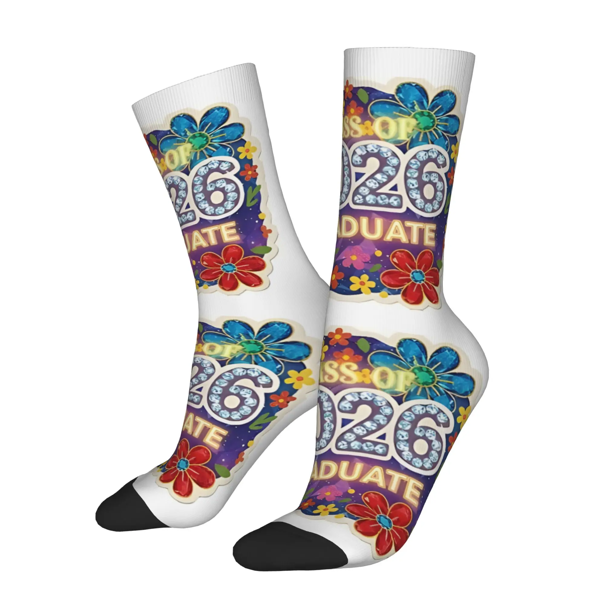 Funny Sock Graduation in 2026 Custom Diamond Floral  Keepsake Vintage Seamless Pattern Printed Men Crew Socks Casual Men's Socks