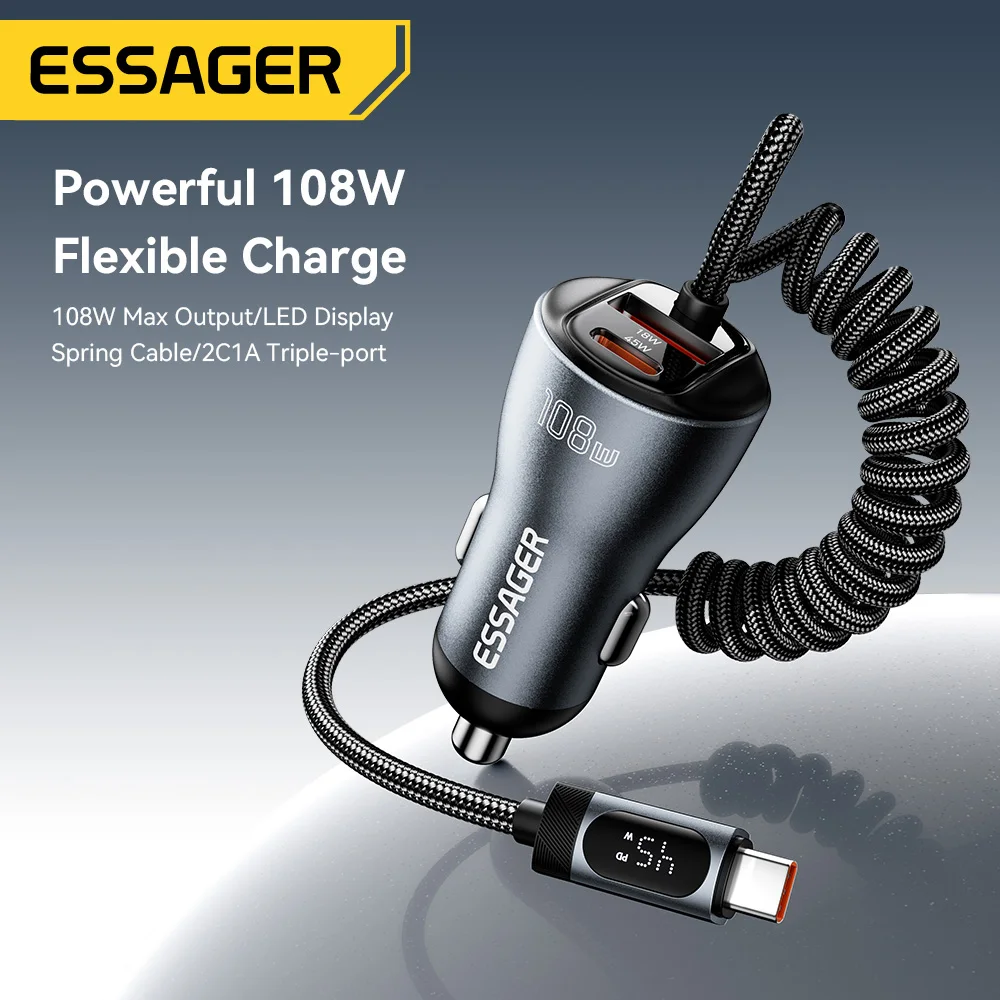 Essager 108W Car Charger USB-C & USB-A Ports PD QC4.0 Fast Charging with Digital Display Spring Cable for iPhone 17 Pro MacBook