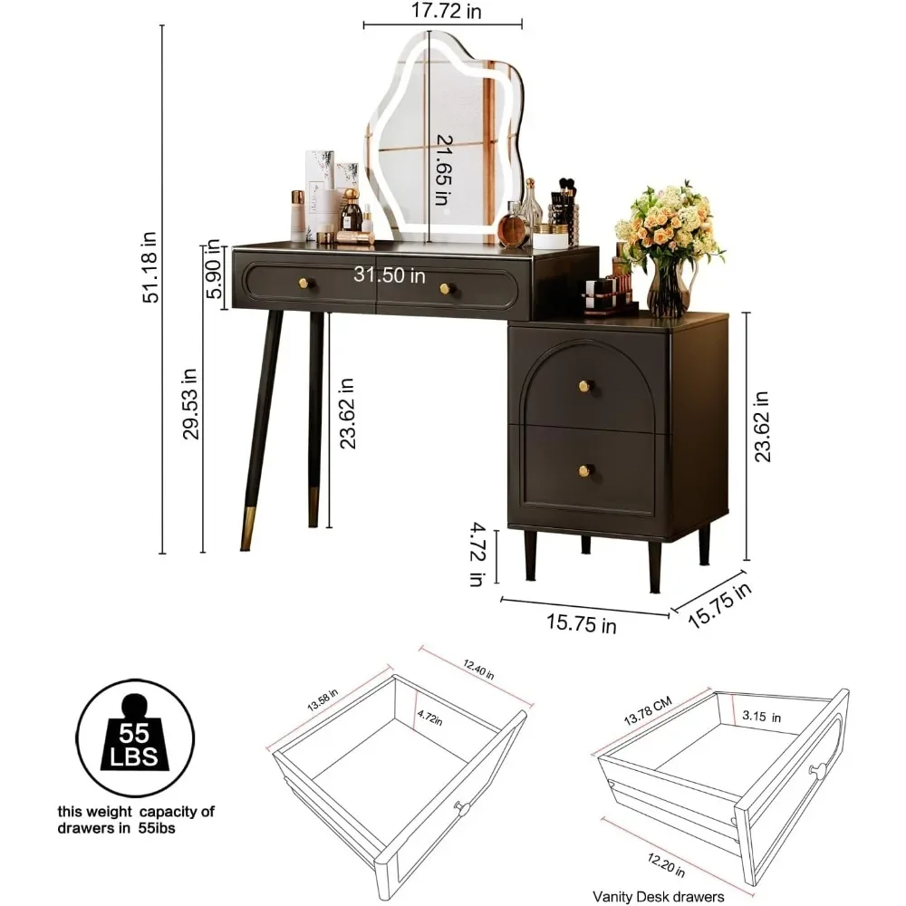 Coiffeuse essentielle pour chambre à coucher, coiffeuse, miroir 4.2, 4 tiroirs spacieux et table en frêne