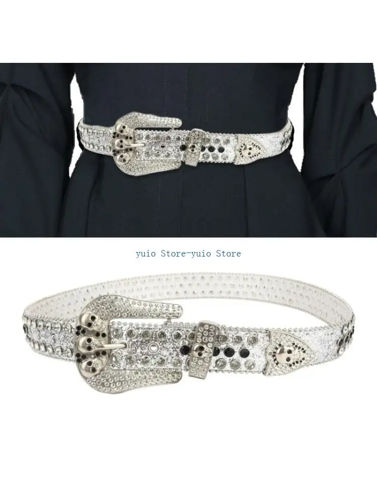 

X7XB Harajuku Waist Belt Shinning Buckle Belts for Woman Men Skull Decor Waist Strap for Jeans Dress