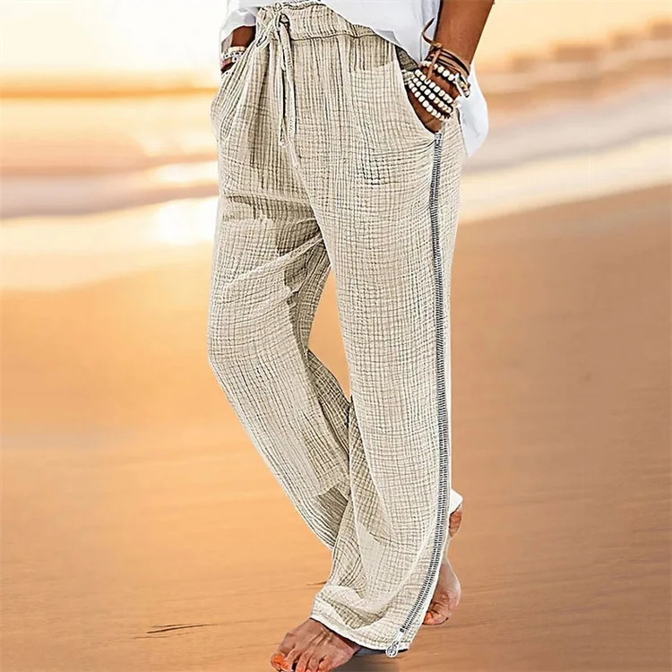 

Men's Linen Cotton New Solid Drawstring Loose Casual Zipper Long Pants