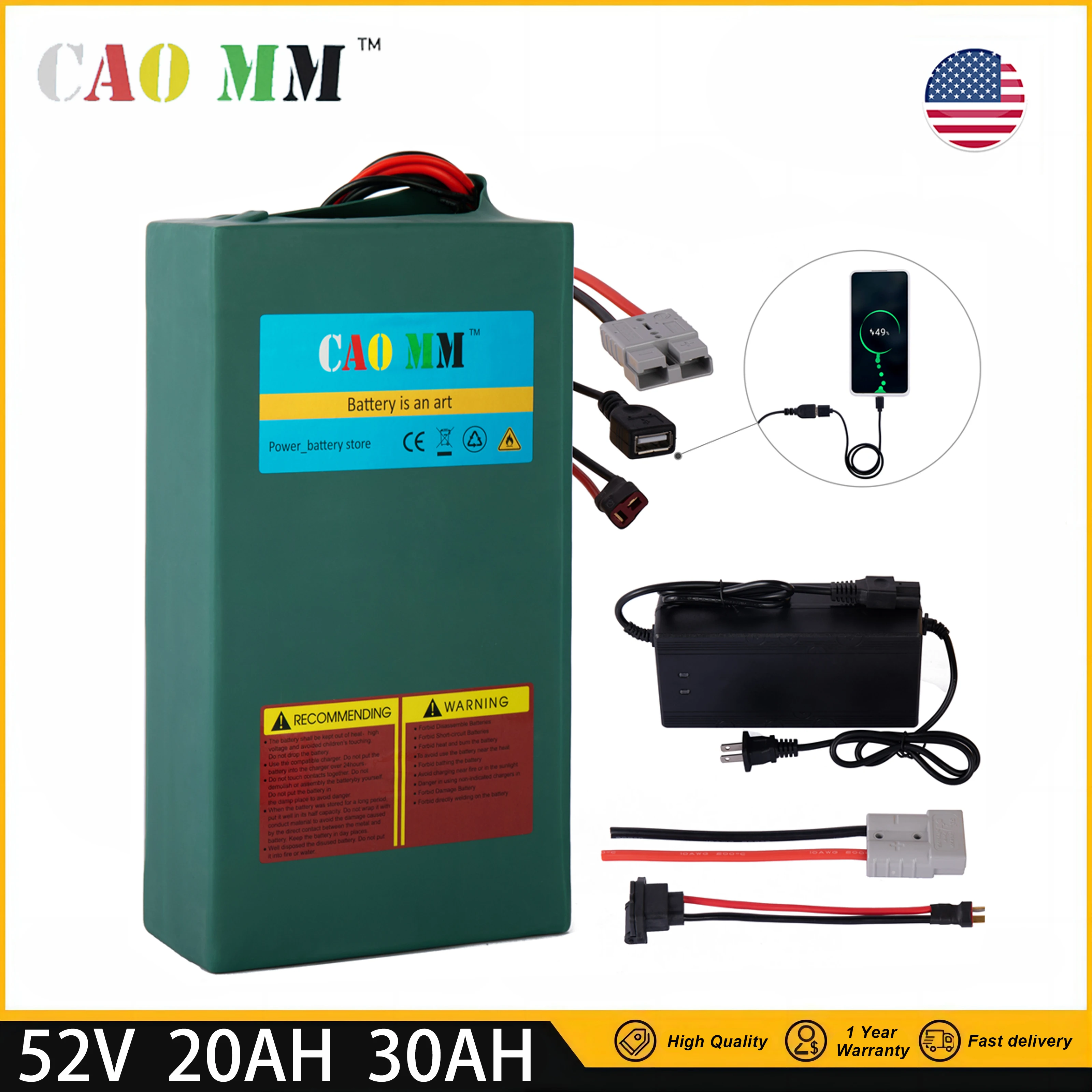 CaoMM 52V Electric Bike Lithium Battery Pack 20 30Ah Ebike Battery for Bicycle Scooter Motorcycle with Charger