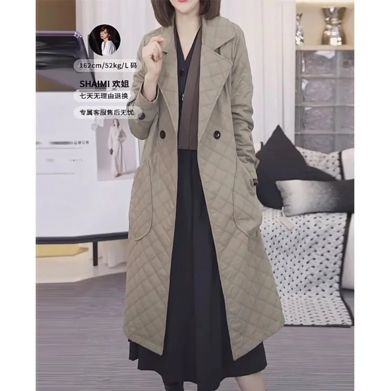 Suit Neck Trench Coat For Women 2024 New Autumn And Winter High-End Over The Knee Casual Diamond Grid Loose And Slim Long Jacket