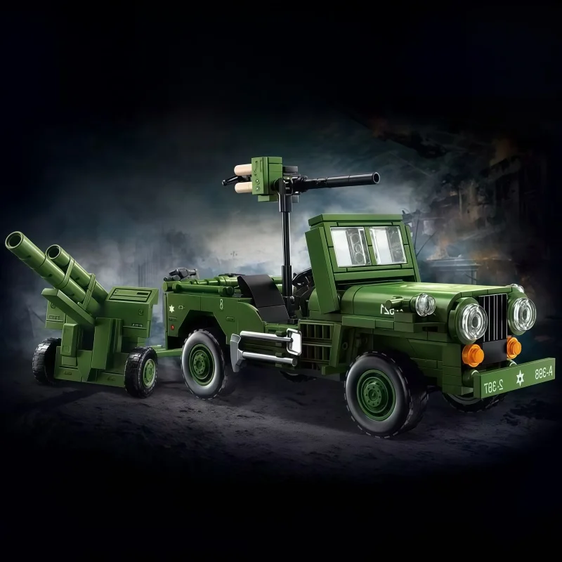 Military Jeep Tow Truck Building Bricks | Detachable Howitzer & Rotating Machine Gun | Collectible Army Vehicle Toy