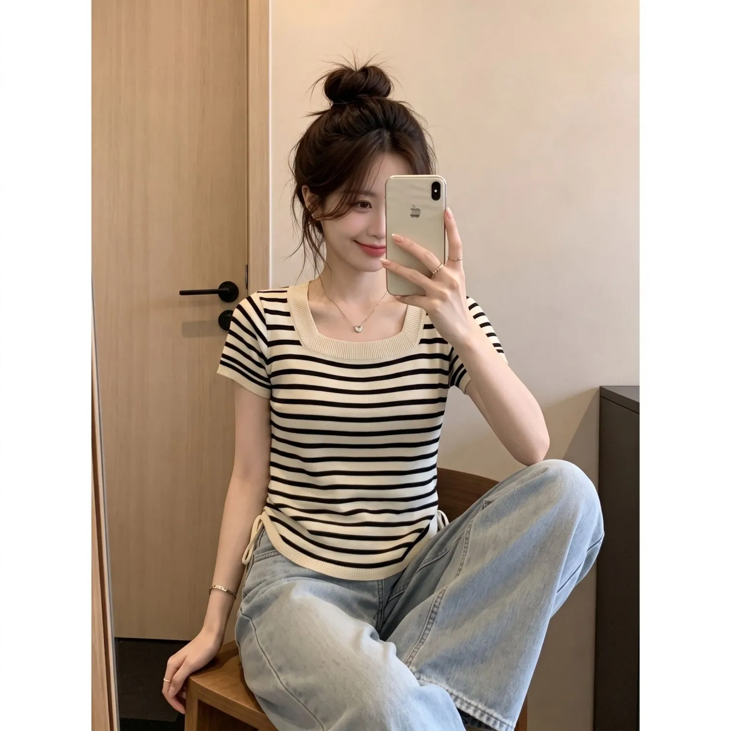 Retro Striped Square Neck Knitted Short Sleeve T-Shirt Women's plus Size Summer Fashionable Top Breathable Casual Style Slim Fit
