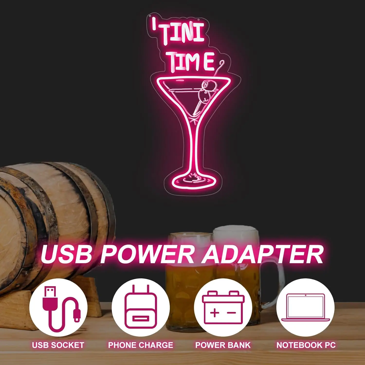 Tini Time LED Neon Sign USB Dimmable Martini Neon Light for Bar Pub Art Decoration Elegant Cocktail Glass Business Sign Gift