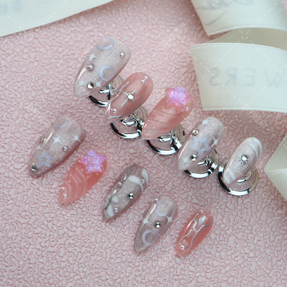 Handmade Press on Nails Ins Pearlescent Pink Star Spice Girls Fake Nails Full Cover Wearing Sweet Korean y2k Almond False Nails