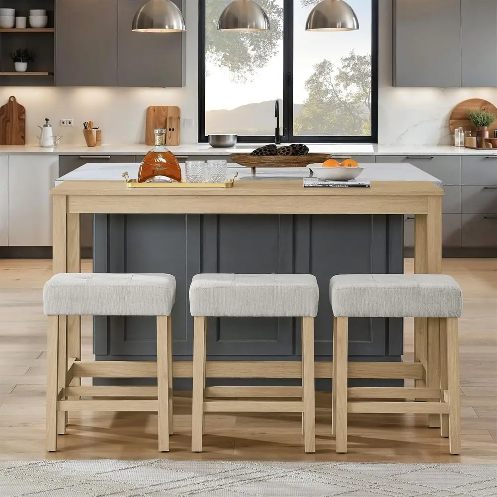59 Industrial Bar Table with 3 Upholstered Stools, 4-Piece Counter Height Set, Light Oak Finish