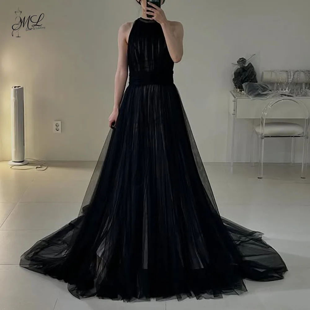 

ML Fashion Black Contrast Color Halter Korea Evening Dress Tulle A-line Wedding Photo Shoot Dress Evening Customized Bride Gown