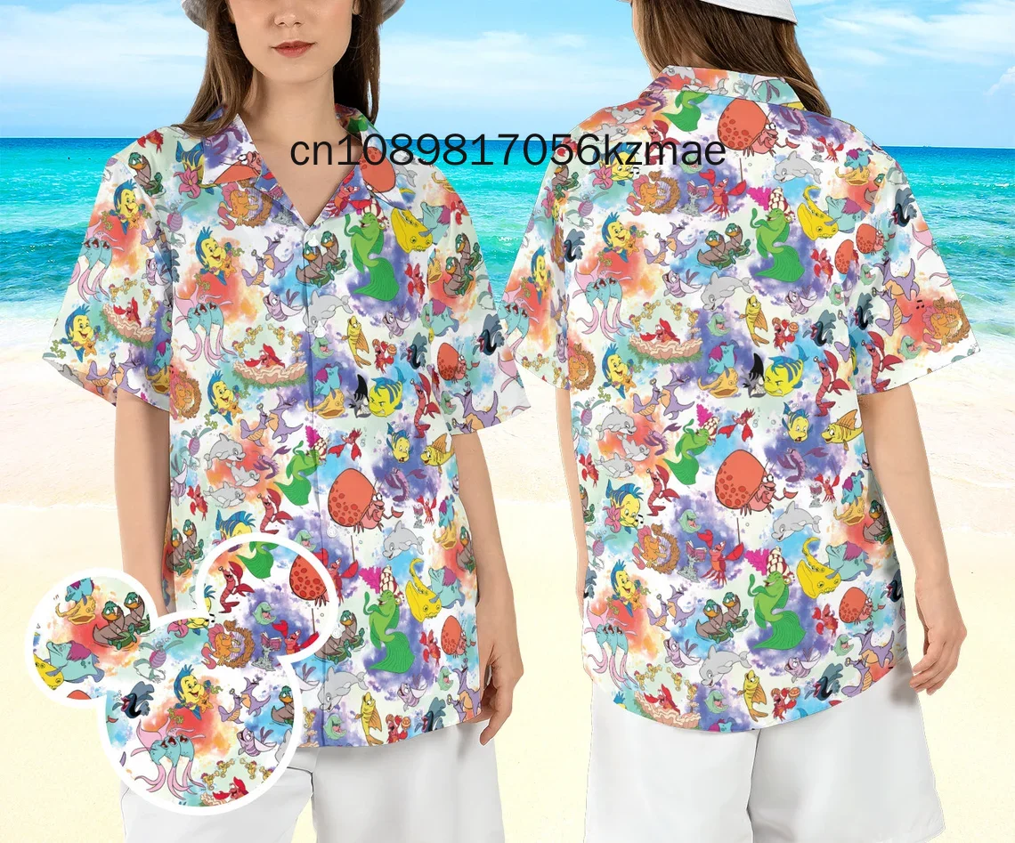 2024 New Disney The Little Mermaid Sketched Hawaiian Shirt Summer Men's and Women's Fashion Short-sleeved Shirts Hawaiian Shirt