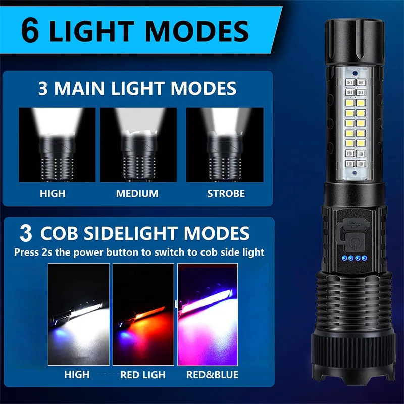 High Power Rechargeable LED Flashlight with Clip Ultra Strong Powerful Led Torch Light Built-in Battery Tactical Flashlight