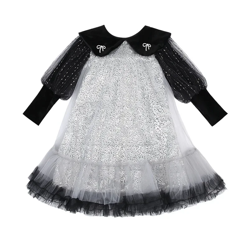 Robe de princesse en tulle à paillettes pour filles, robe de Rh, manches longues, nœud papillon, fête d'anniversaire, enfants, 2 ans, 4 ans, 6 ans, 8 ans, 10 ans, mode