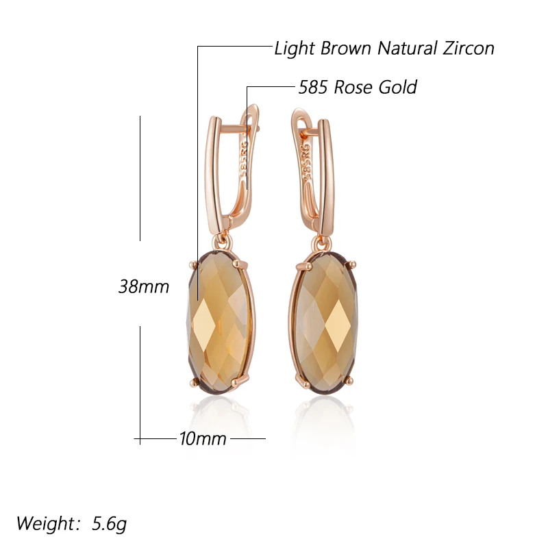 Kinel Fashion Big Oval Light Brown Natural Zircon English Earrings Women Simple 585 Rose Gold Color High Quality Daily Jewelry