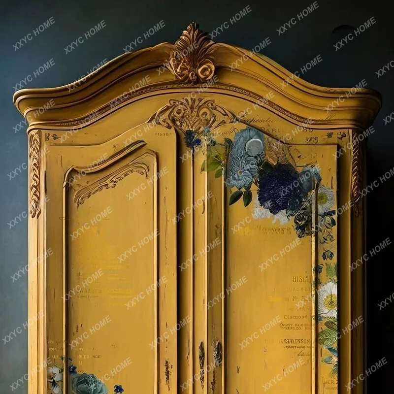 Vintage Yellow Painted Wardrobe Mid Century Modern Master Bedroom Solid Wood Closet Living Room Carved Side