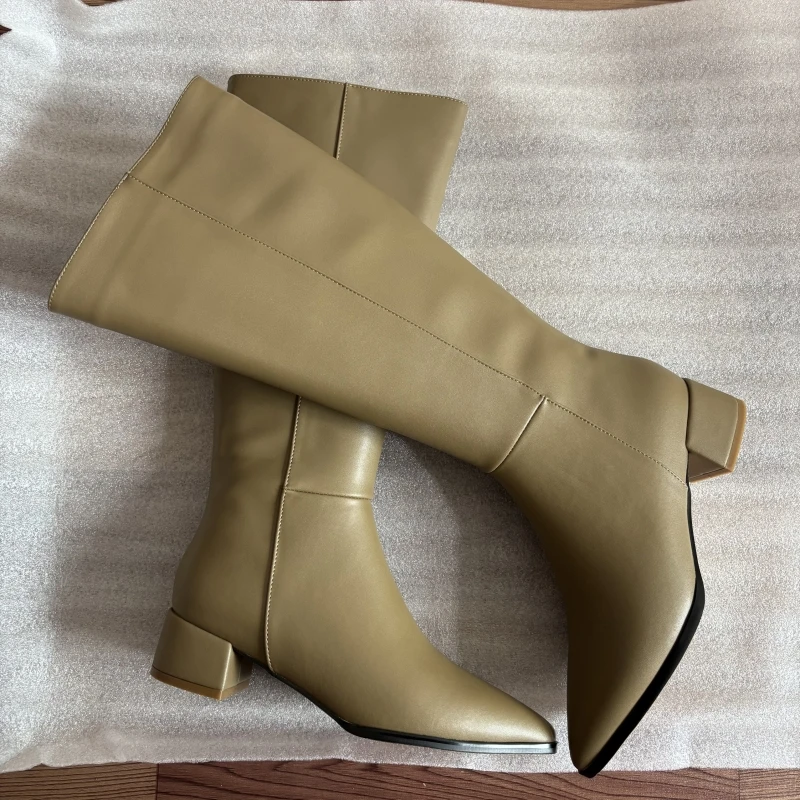 Women\'s Knee High Boots Genuine Leather Low Heel Winter Shoes Ladies Footwear Big Size 45 Zipper Black Long Chelsea Boot Brand