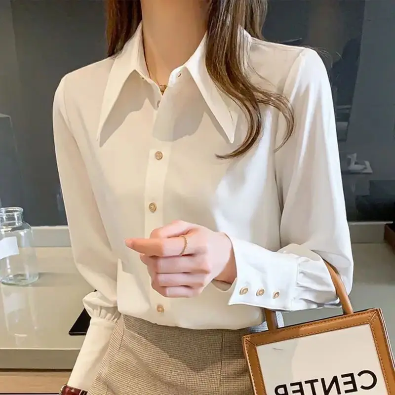 

Korean White Shirt Feminine Loose Casual Tops Blouse Solid Turn-down Collar Office Ladies Shirts Long Sleeve Blouses for Women